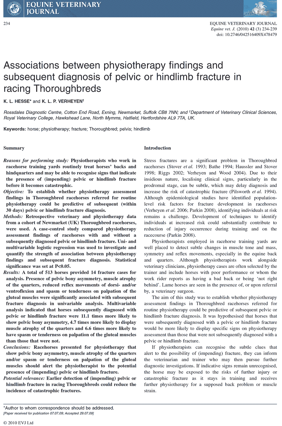 Associations between physiotherapy findings and subsequent diagnosis of pelvic or hindlimb fracture in racing Thoroughbreds