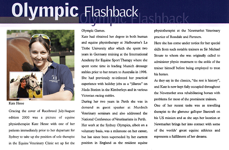 Racebreed Australia, March/April 2006 - Olympic Flash Back - Kate Hesse chartered veterinary physiotherapist