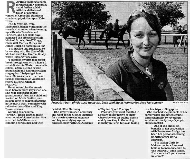 Racing Post magazine - Kate Hesse, equine physiotherapist