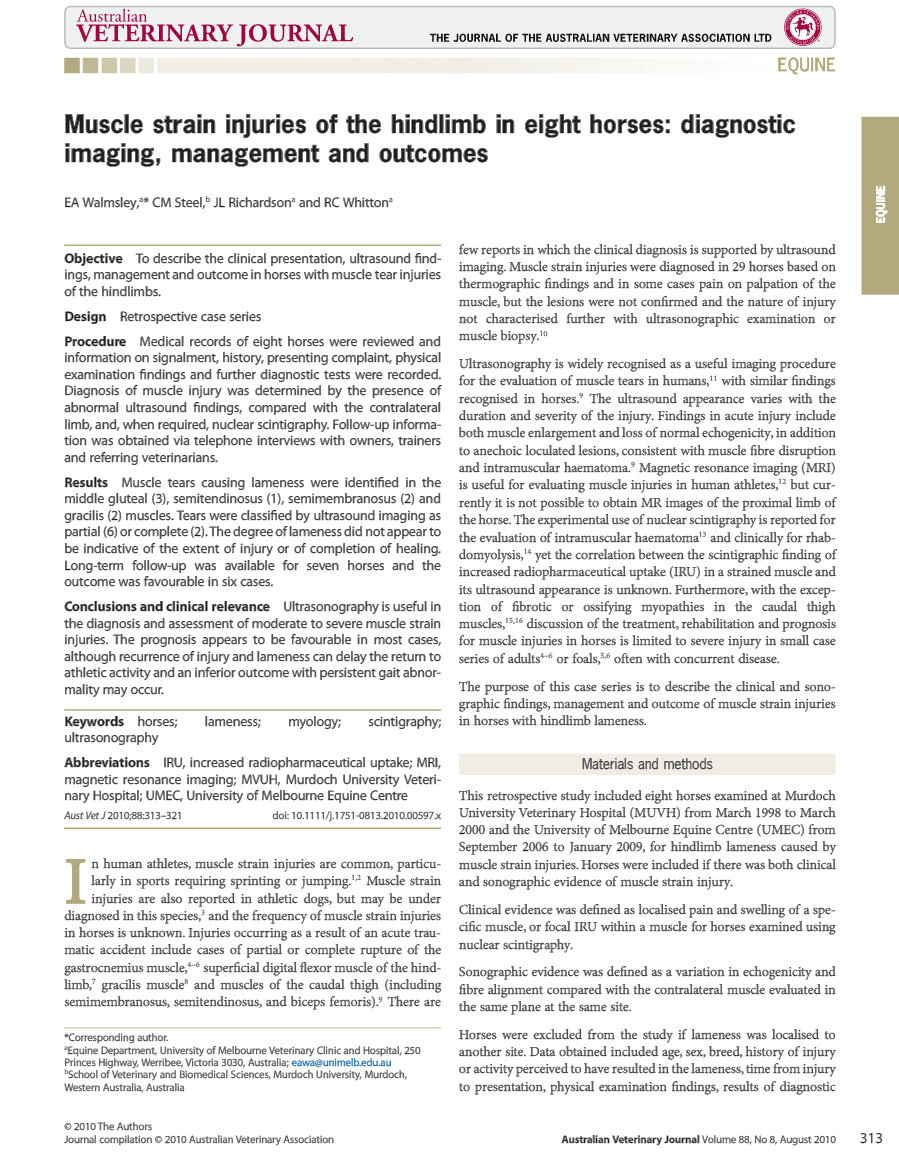 Australian Veterinary Journal 2010 Dec; 88(12). Muscle strain injuries of the hindlimb in eight horses: diagnostic imaging, management and outcomes.